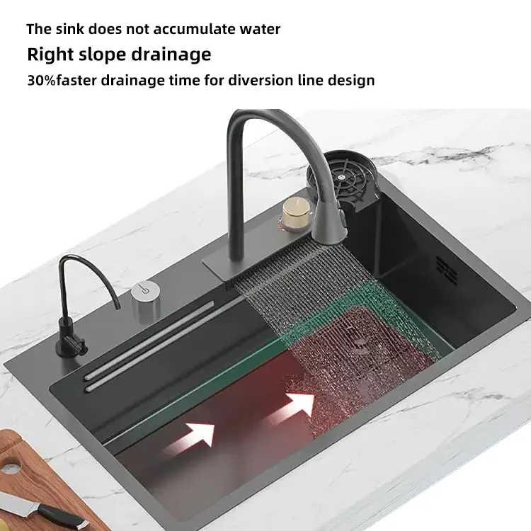 Black Under mount Luxus Edelstahl Moderne Smart Multifunktions Wasserfall Waschbecken Küche