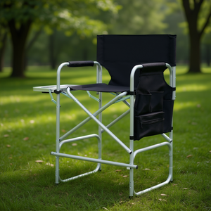 Chaise de directeur pliable pour extérieur, en tissu noir, avec structure en tube de fer blanc argenté et table latérale - Product Image 2