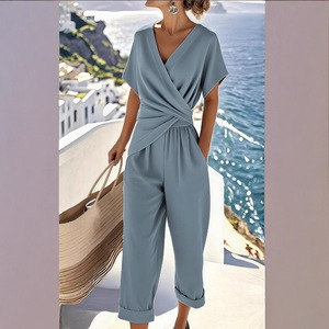 Combinaison pour femme, couleur unie, col en V, manches courtes, pantalon court, tenue décontractée d'été, bleu, beige, kaki, SM, XL, XXL, XXXL, 4XL - Product Image 1