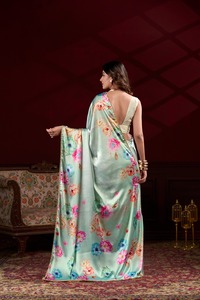 Sari en soie satinée japonaise rose élégant avec bordure perlée, pour femmes, pour mariage et soirée, style traditionnel Inde-Pakistan - Product Image 3