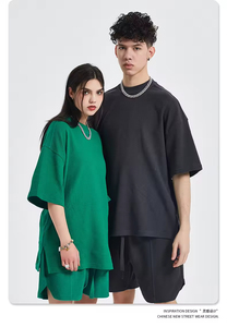 เสื้อยืดคอตตอนทรงโอเวอร์ไซส์แบบดับเบิ้ลไลน์เทิร์นเนอร์ ตัดเย็บแบบสปลิต 260 GSM ลายวาฟเฟิล ทรงดรอปโชว์เดอร์ หนัก ใส่สบาย สไตล์สตรีทแวร์ สำหรับผู้ชาย - Product Image 2