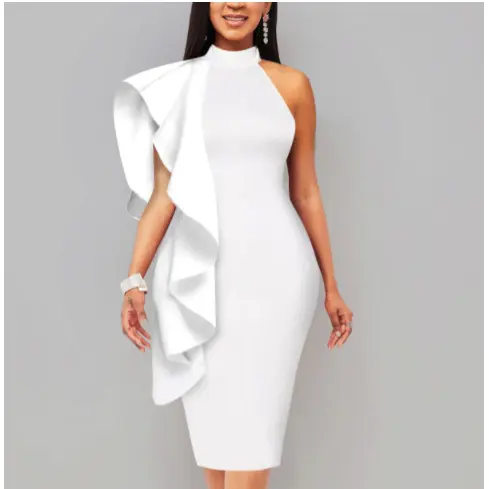 Casual Dress Print Women White Flounce Mock Neck Sheath Dress