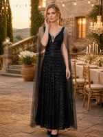 Robe de soirée noire à sequins et perles, col en V, manches cape, accent perles, coupe trapèze, longueur ras du sol, robe de soirée formelle, vente en gros