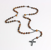Collier pendentif croix en pierre naturelle pour homme, hématite, œil de tigre, turquoise, perles de pierres précieuses, chapelet, bijoux chrétiens