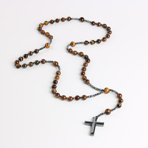Collar con Colgante de Cruz de Piedra Natural para Hombre, Hematita, Ojo de Tigre, Turquesa, Rosario de Piedras Preciosas, Joyería Cristiana - Product Image 2