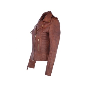 Veste en cuir véritable pour femme, élégante, marron, matelassée, de haute qualité, style motard, avec fermeture éclair sur le devant, 2026 - Product Image 3