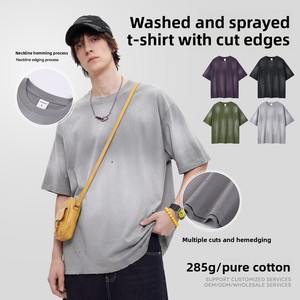 Camiseta de forro polar de color liso para hombre, cuello redondo, manga corta, estilo americano, con efecto desgastado y lavado, de importación transfronteriza - Product Image 4