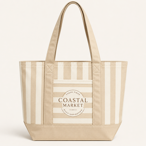Nouveau sac fourre-tout en toile de coton violet à rayures, réutilisable, brodé, avec fermeture éclair, pour la plage et le shopping - Product Image 1
