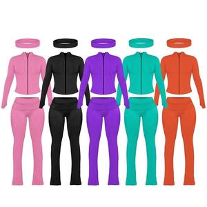 Ensemble deux pièces tendance streetwear urbain : veste zippée, pantalon évasé, <span class=keywords><strong>vêtements</strong></span> pour femmes grandes tailles, bandeau assorti Y2K, tenue décontractée - Product Image 1