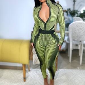 패션 섹시한 투피스 바지 세트 여성의 운동 운동복 긴 소매 스트라이프 프린트 지퍼 바지 정장 - Product Image 3