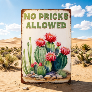 Divertente Targa in Metallo a Forma di Cactus con Scritta 'No Pricks Allowed', Placca Vintage Retrò in Latta per Decorazione di Giardino, Cortile e Pareti di Casa - Product Image 1