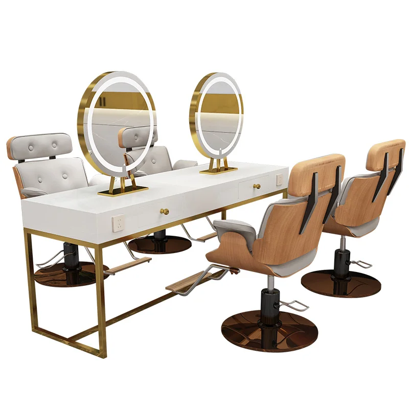 Great Foshan Factory Hair Salon Single/Double Sided Luxury Gold Frame Mirror Station For Barbershop