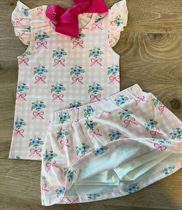 Vestido Transpirable de Manga Corta hasta la Rodilla con Estampado de Flores y Lazos a Cuadros Rosa de Verano para Niña, Modelo GSD3581, Venta al por Mayor - Product Image 1