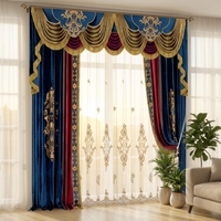 Rideaux de Luxe en Velours Bleu Royal Yun Zhu avec Cantonnière Jacquard Dorée pour Décoration de Salon de Villa
