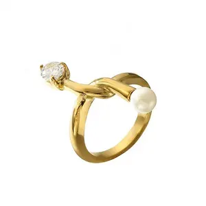JCA Trendi Elegan Wanita Dasi Gold Plate Mutiara Kuningan Cincin dengan Berlian