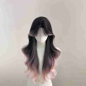 Peluca Larga Rizada Natural con Flequillo Lateral, Teñida de Rosa, con Raya al Centro, de Encaje Frontal Completo, Cabello Sintético para Mujer - Product Image 4