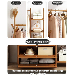 Cintres épais en bois massif Supports de rangement pour manteaux et chapeaux sur pied avec tiroirs Armoires de rangement pour chambre à coucher - Product Image 5
