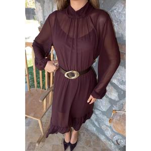 Vestido de Fiesta Modesto de Gasa Marrón al por Mayor, Talla Grande XL, con Volantes, Mangas Abullonadas Translúcidas, Hasta la Rodilla, de Viscosa, para Eventos Diurnos - Product Image 2