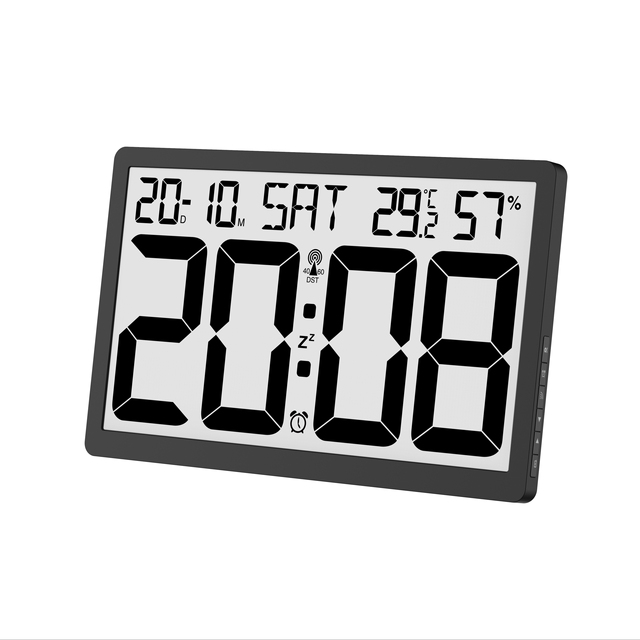 Ewetime LCD Large Screen Wall Clock Indoor Temperature/Humidity and 7 Languages Week Display Radio Control Function Free Sample