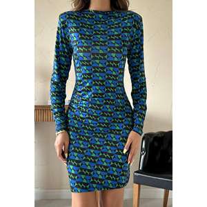 Vestido Casual Azul Plisado con Cuello Redondo, Cintura Natural, Tejido de Tela, para Fiesta, Lavable - Product Image 2