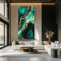 Peinture à l'huile abstraite moderne de luxe vert émeraude et or, grande taille, texture marbre agate, art mural