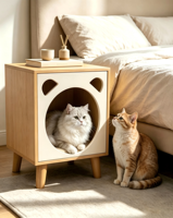 Table de chevet 2-en-1 personnalisée avec maison pour chat et panneau à gratter latéral remplaçable, design Panda, pieds en bois massif, meuble gain de place