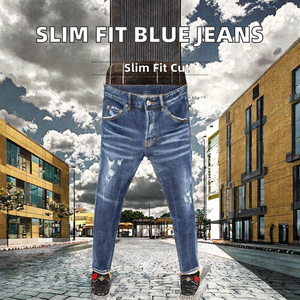 Jean en denim délavé vintage pour homme, coupe slim, taille mi-haute, style streetwear décontracté - Product Image 2