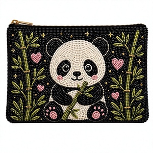 Women's <b>Black</b> Beaded <b>Clutch</b> <b>Bag</b> Cute Panda Bamboo Design Zipper Wristlet Pouch Glass Beads - Product Image 1