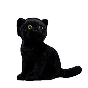 실제 생활 고양이 플러시 장난감 부드러운 검은 앉아 고양이 박제 장난감 실물 같은 농장 동물 고양이 장난감 선물