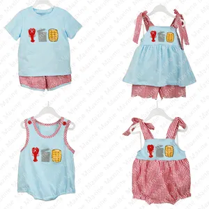 2023 Little boy and girl clothing crawfish French knot design siblings outfit kids summer clothing sets