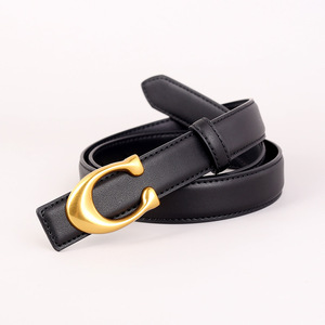 Cinturón <span class=keywords><strong>de</strong></span> <span class=keywords><strong>Cuero</strong></span> Genuino <span class=keywords><strong>para</strong></span> <span class=keywords><strong>Mujer</strong></span> con Hebilla Dorada en Forma <span class=keywords><strong>de</strong></span> C, Cinturón <span class=keywords><strong>de</strong></span> Color Sólido - Product Image 3