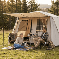 Carpa Compacta de Glamping Resistente con Revestimiento Plateado de Oxford, Protección UV, Cobertura Total, 2 Habitaciones, 1 Salón, Ventanas de Rejilla para las Cuatro Estaciones