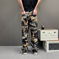 Celana Jeans Camo Motif Daun Pohon Asli, Model Longgar, Kaki Lurus, Denim Vintage, Kamuflase Hutan Hitam, Celana Streetwear, Baggy