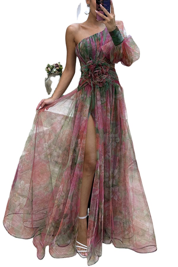 Elegant One Shoulder Tie-Dye Ball Gown for Women's Party