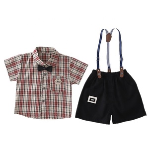 Conjunto de Dos Piezas para Niños, Camisa <span class=keywords><strong>a</strong></span> Cuadros de Manga Corta y Pantalones Cortos con Tirantes, Estilo Casual de Verano - Product Image 5