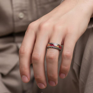 Nouvelle conception tendance, bande en acier damas avec incrustation d'<span class=keywords><strong>opale</strong></span> rouge et feuille d'or de 8 mm, bagues de fiançailles, de mariage et de fête pour hommes et femmes, cadeau - Product Image 4