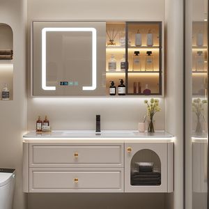 Bathroom <b>Vanity</b> Set <b>LED</b> Smart Mirror Modern Creamy Style Skin-feel Wood Integrated Wash Basin Cabinet Wall Floating - Product Image 1