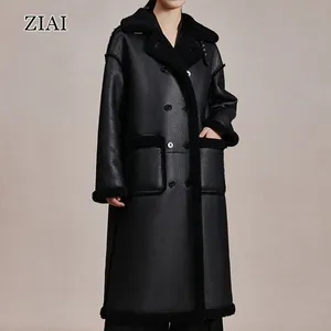 Nuevo Stock de abrigos de piel de doble pecho para mujer, chaquetas, abrigos largos de invierno, abrigos de Pu de piel recortada a la moda para mujer