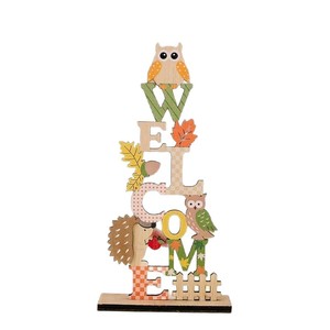 Ornement en bois de bienvenue pour l'automne, motif animal de dessin animé et lettre, décoration de table style campagnard, en buis - Product Image 5
