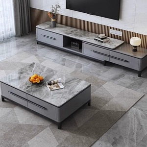 Meuble TV et <span class=keywords><strong>Table</strong></span> Basse de Salon Flottants en Marbre et Bois, Qualité Luxe Moderne, Rétractables avec Rangement, Dernier Design - Product Image 3