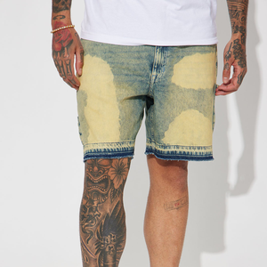 Shorts en jean vintage délavé pour homme, teinte jaune, style charpentier, ourlet brut, streetwear, patchwork délavé, jorts - Product Image 2