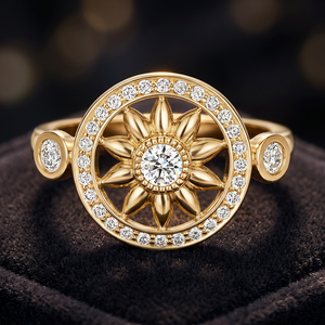 Vintage Yellow <b>Gold</b> Flower <b>Cocktail</b> <b>Ring</b> With Round Diamond Women's Engagement Jewelry - Product Image 3