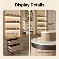 Meuble de présentation de lunettes de vue pour la vente au détail, étagère murale en bois avec LED à intensité variable, comptoir de réception incurvé, armoire de rangement autoportante
