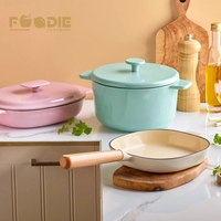 Batterie de cuisine antiadhésive en fonte émaillée, vente chaude usine, avec poêle grill et poignée en bois pour la maison et l'extérieur