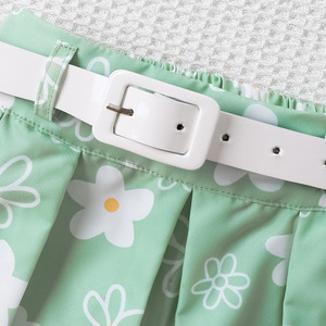 เสื้อผ้าเด็กขายส่ง เสื้อแขนกุดคอ halter สีพื้น กระโปรงจีบพิมพ์ลายพร้อมเข็มขัด ชุดเด็กผู้หญิงสำหรับฤดูร้อน - Product Image 5