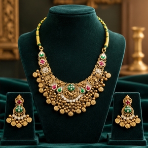 Temple <b>SIlver</b> Gold <b>Necklace</b> <b>Set</b> With Green <b>And</b> Red Stones Bridal Choker <b>Necklace</b> With Matching <b>Earrings</b> South Indian - Product Image 1