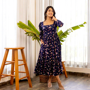 Robe midi à imprimé floral, col carré, manches 3/4, coupe évasée, tissée, décontractée, été, pour femme, respirante, coupe ample, avec poche, élégante - Product Image 1