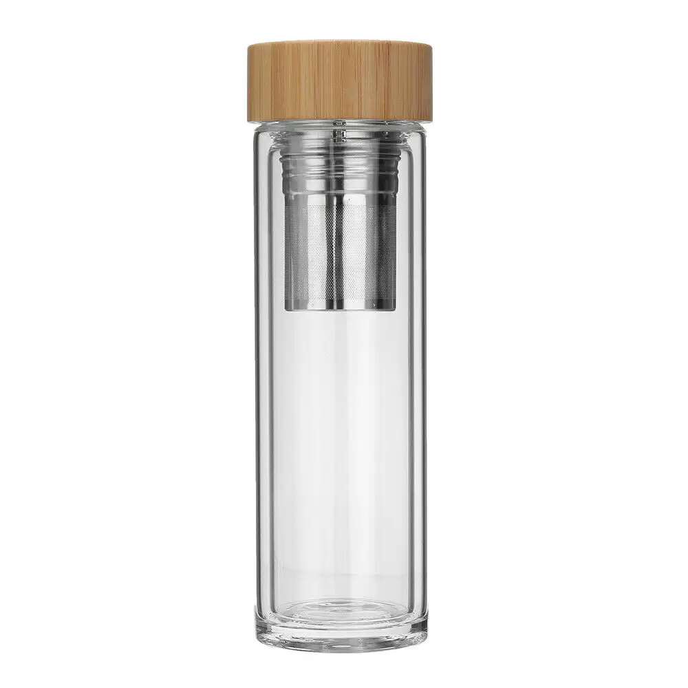 2020 neue doppel wand glas flasche mit bambus deckel Glas Wasser Flaschen tee Infuser Filter wasser bottleTravel Becher großhandel