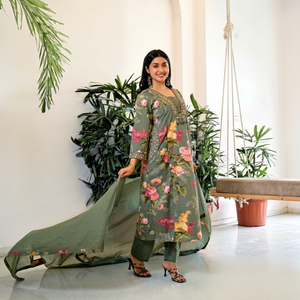 Traditional <b>Indian</b> Women's Green Cotton Quick Dry Digital Print Floral Lace Tussles Knee-Length <b>Kurta</b> Set Dupatta Regular Fit - Product Image 1