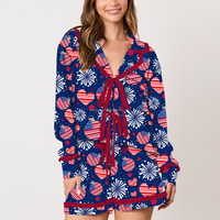 Ensemble pyjama deux pièces pour femme, motif drapeau américain, cœur et feux d'artifice, avec volants et nœud à nouer sur le devant, tenue de détente courte pour le Jour de l'Indépendance